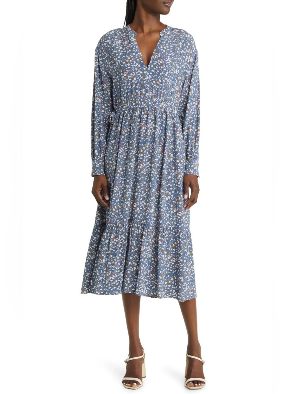 Rails Maple Dress XS Blue Ditsy Floral Midi V Neck Tie Waist Tiered Boho
